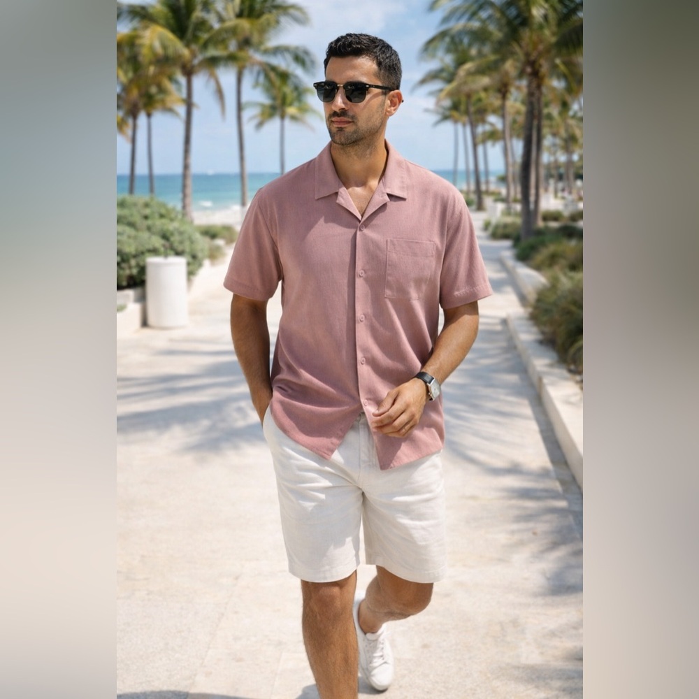 Lululemon Camp Collar Shirt Mens Pink Short Sleeve Button Up Pocket Textured